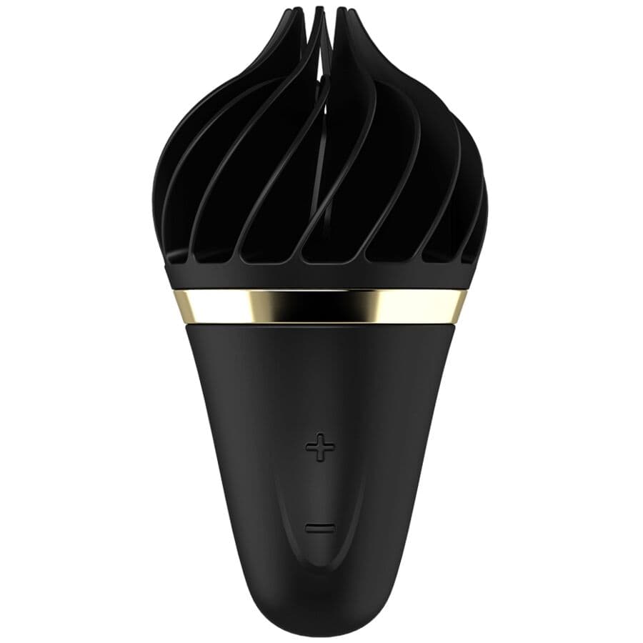 Satisfyer Sweet Treat Spinnator in Schwarz, Gesamtansicht mit rotierenden Silikonrippen