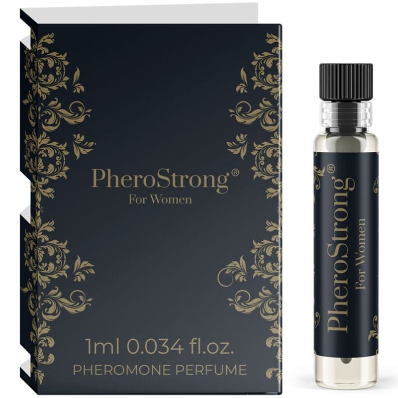 PheroStrong Pheromone for Women Pheromon-Parfum neben der geöffneten Umverpackung dargestellt