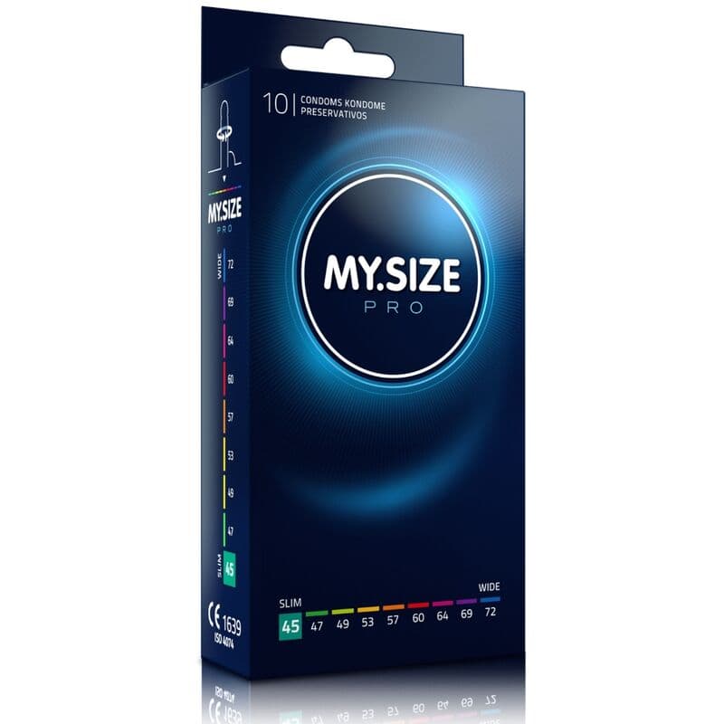 My Size Pro Kondome, Rückseite der Packung mit Maßangaben und CE-Kennzeichnung