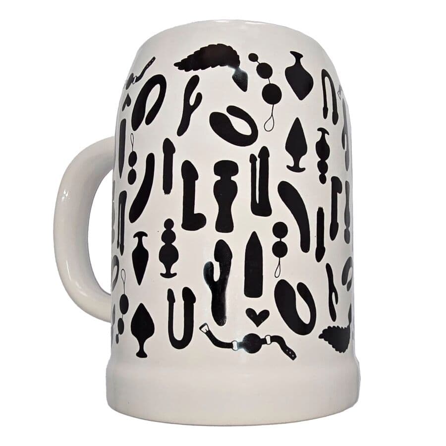 Diablo Picante Bierkrug mit Vibrator-Motiven – Weißer Keramikbecher 700 ml