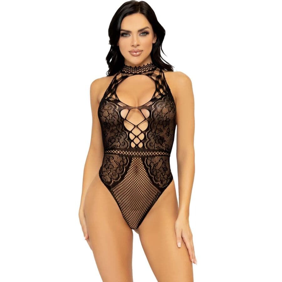 Leg Avenue – Neckholder-Body aus Netz und Spitze mit Schlüsselloch