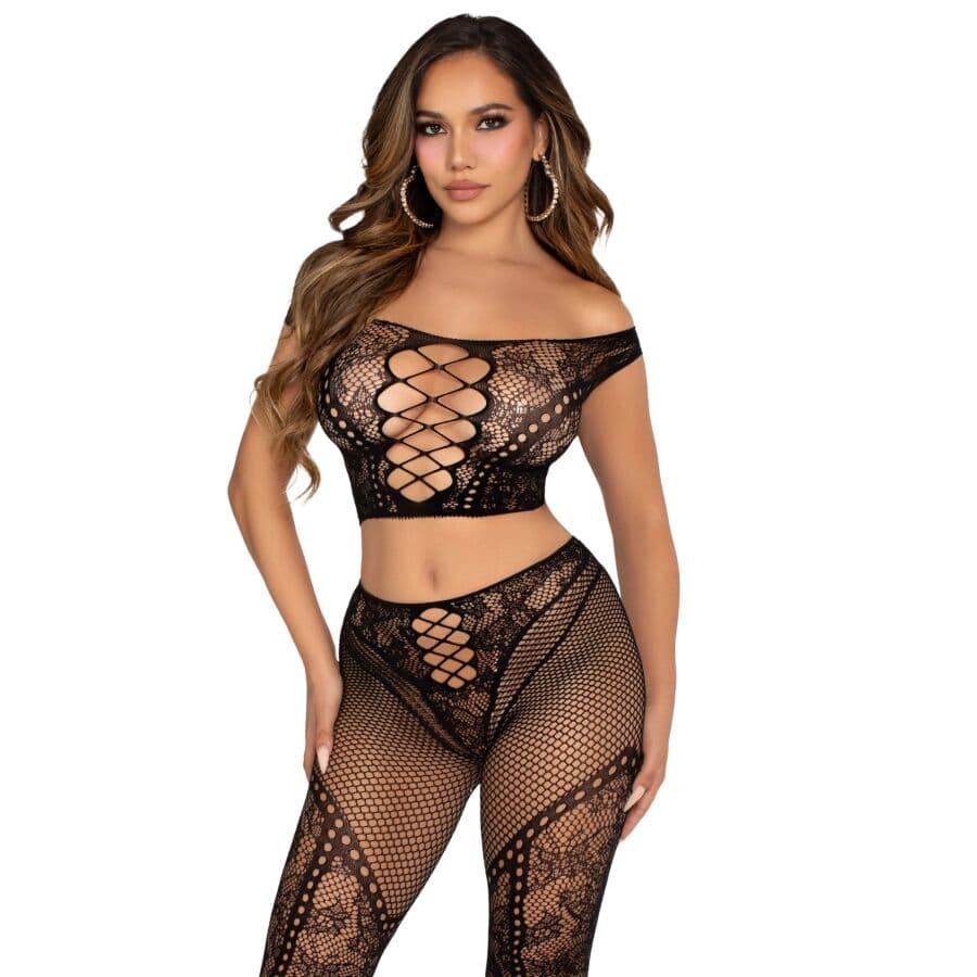 Leg Avenue Off-Shoulder Set Schwarz – Crop-Top mit Netzleggings