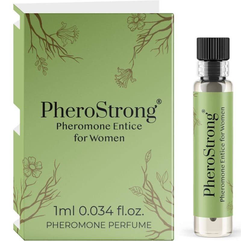 PheroStrong Entice Parfumflakon in der Hand gehalten, Größenvergleich des Flakons