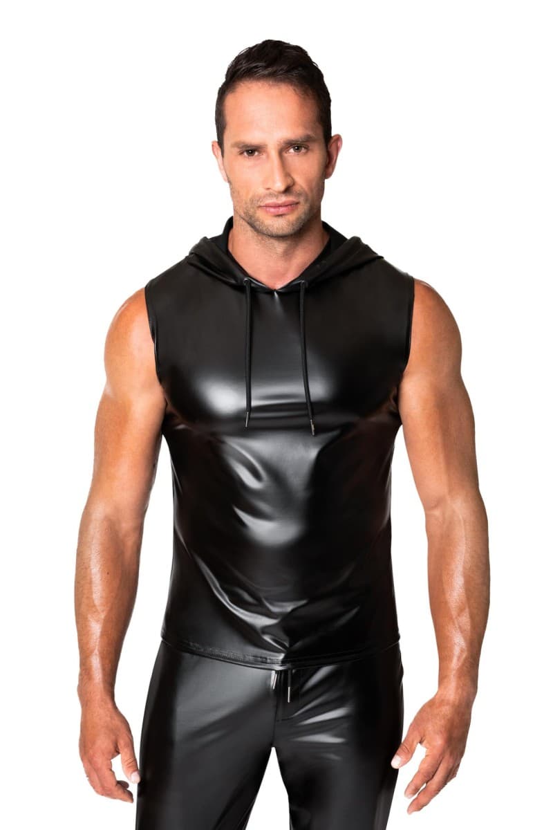 Noir Handmade Men Chaos – Ärmelloses Wetlook-Kapuzenshirt, schwarz
