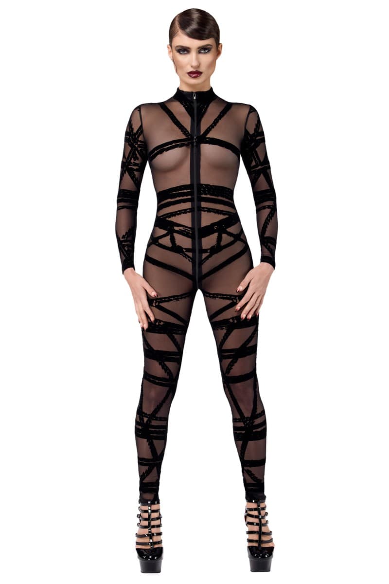 Noir Handmade F357 Bondesque Catsuit aus beflocktem Tüll