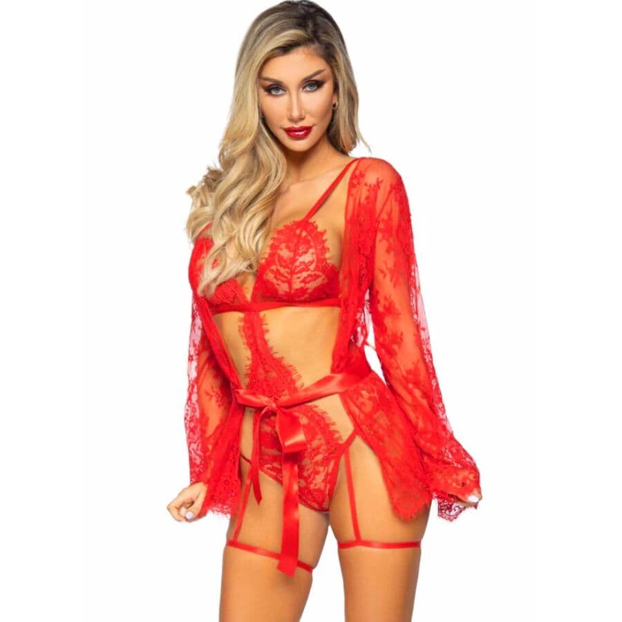 Leg Avenue – Teddy- und Morgenmantel-Set aus Spitze in Rot