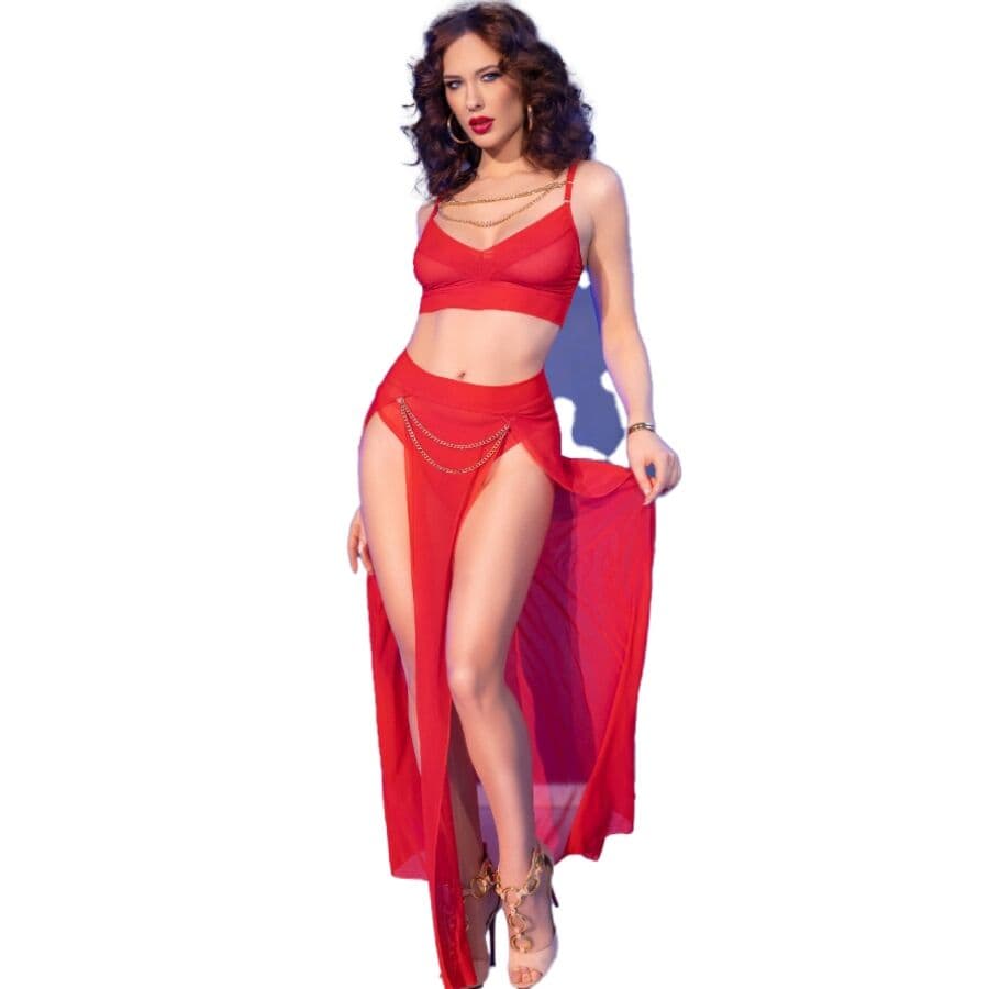 Chilirose Tüll-Set in Rot – Top, langes Unterteil und Tanga