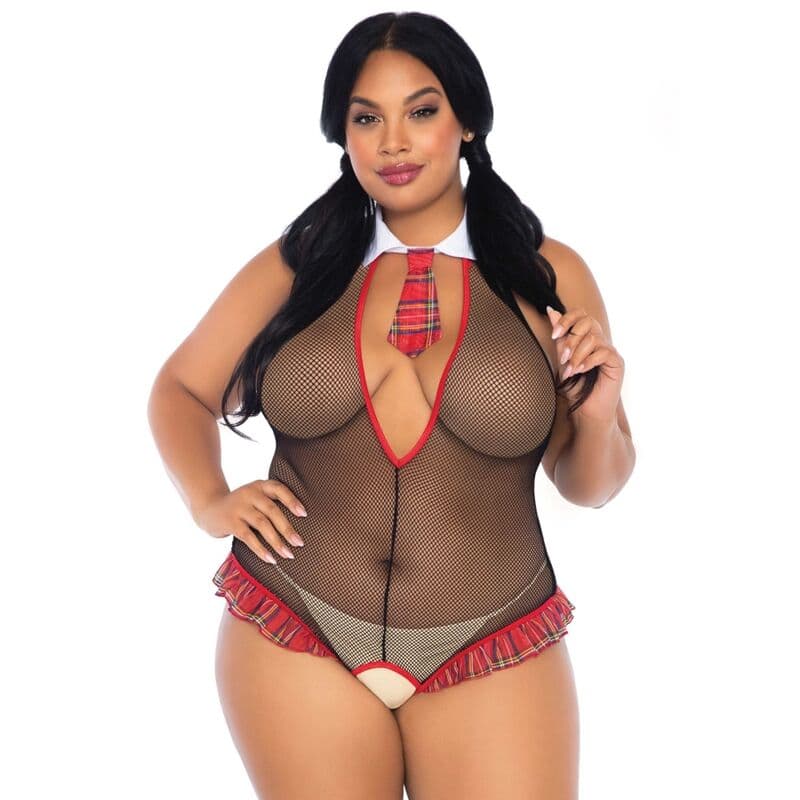 Leg Avenue Schulmädchen-Teddy – offener Body mit Netz und Rüschen