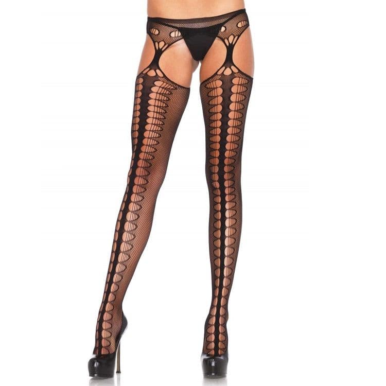 Leg Avenue – Netz-Strumpfhose in Straps-Optik mit ovalen Cut-outs