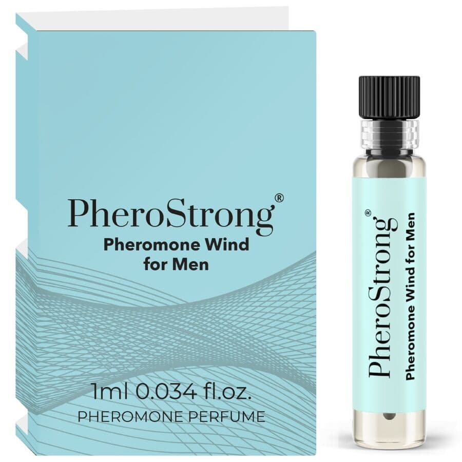 PheroStrong Wind for Men Parfum in der 1-ml-Probiergröße im Größenvergleich