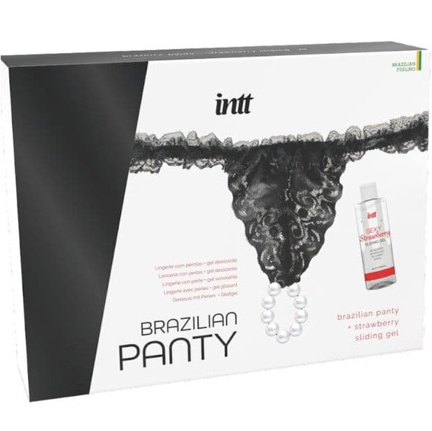 Intt Brazilian Panty Black – Perlenhöschen mit Erdbeer-Gleitgel, 50 ml