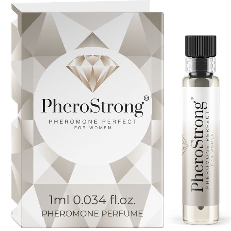 PheroStrong Perfect Parfumflakon in der Hand gehalten, Größenvergleich des Flakons