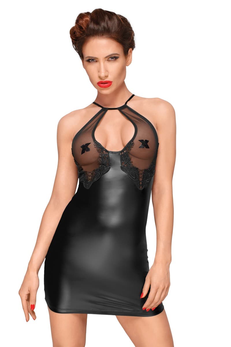 Noir Handmade – Kleid, aus Powerwetlook mit Stickerei