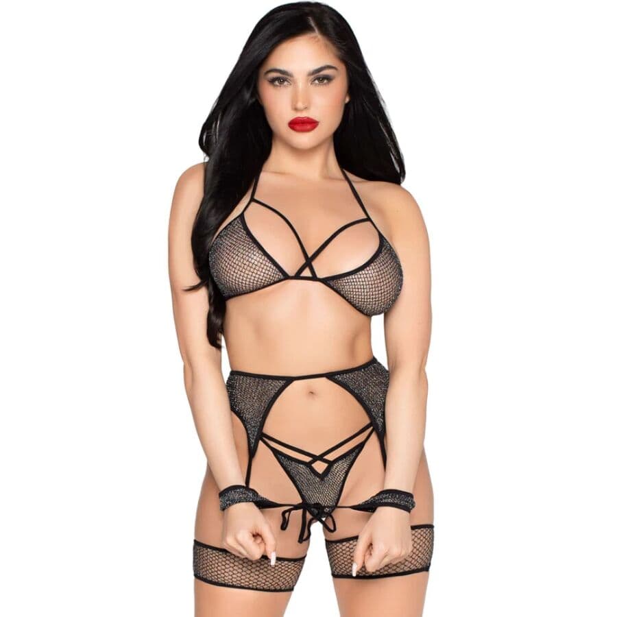 Leg Avenue Set aus Netztop, String, Harness und Manschetten in Schwarz, Gesamtansicht