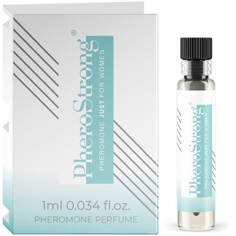 PheroStrong Just for Women Parfumflakon in der Hand gehalten, Größenvergleich des Flakons