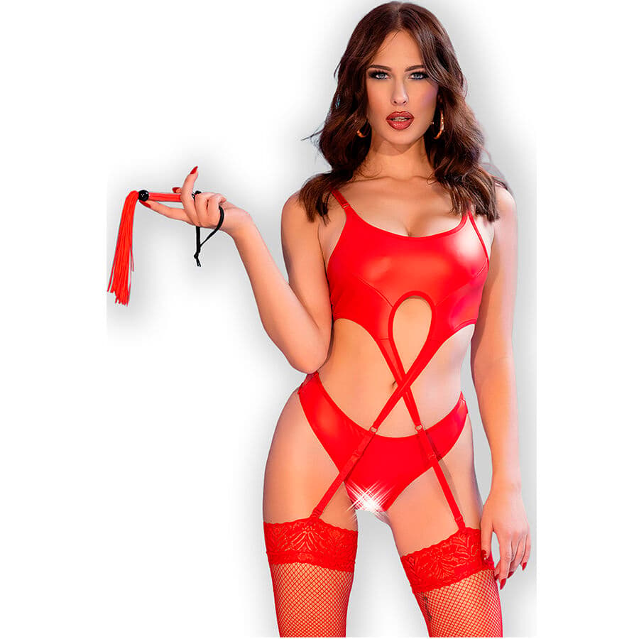 Chilirose Öko-Leder-Set – Top mit Strapsen, Tanga und Strümpfen