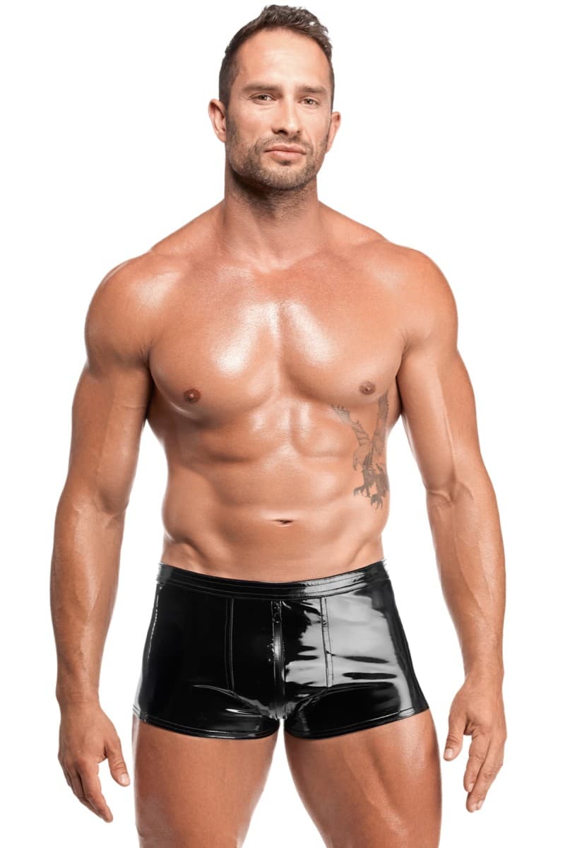 Noir Handmade Voltage – Ultrakurze Lack-Shorts mit Dreiwege-Reißverschluss