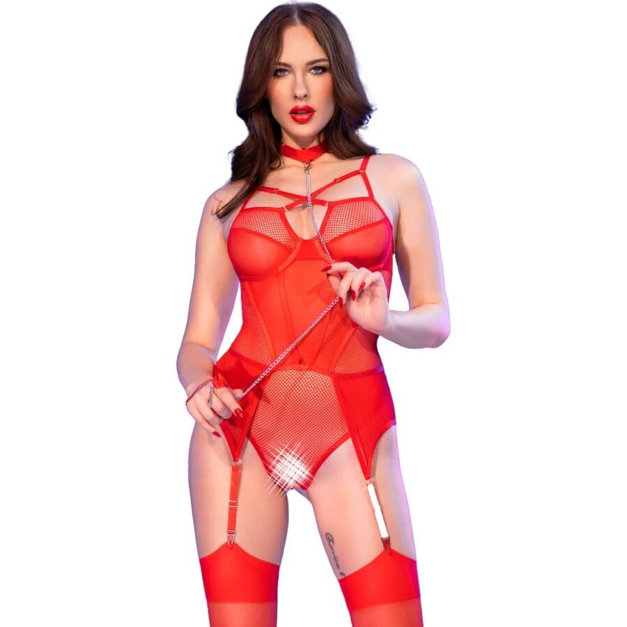 Chilirose – Ouvert-Body aus Stretch-Mesh mit Halsband und Strümpfen