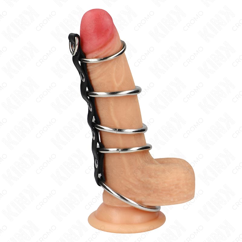 Kink Penisring-Set – fünf Metallringe, mit Leder verbunden