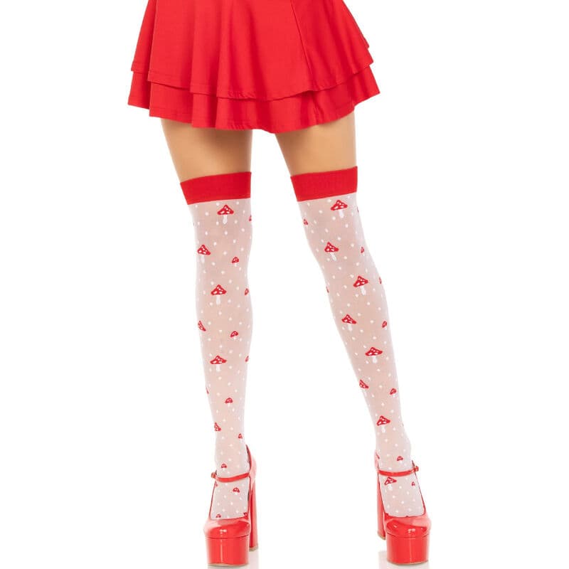 Leg Avenue Mushroom – halterlose Strümpfe mit Pilzmuster, rot/weiß