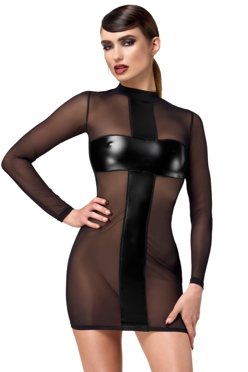 Noir Handmade F369 Crossfire Minikleid aus Netz und Wetlook