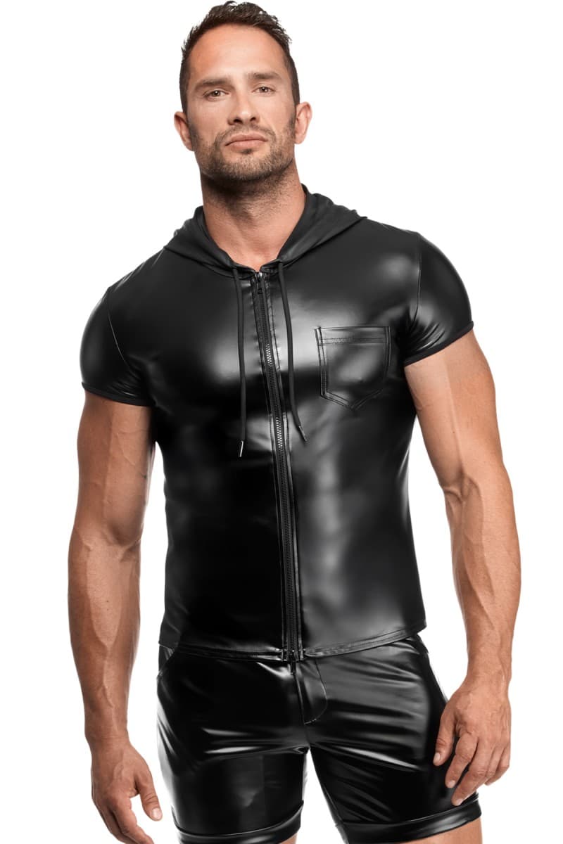 Noir Handmade Powerwetlook – Kapuzenshirt mit Frontreißverschluss