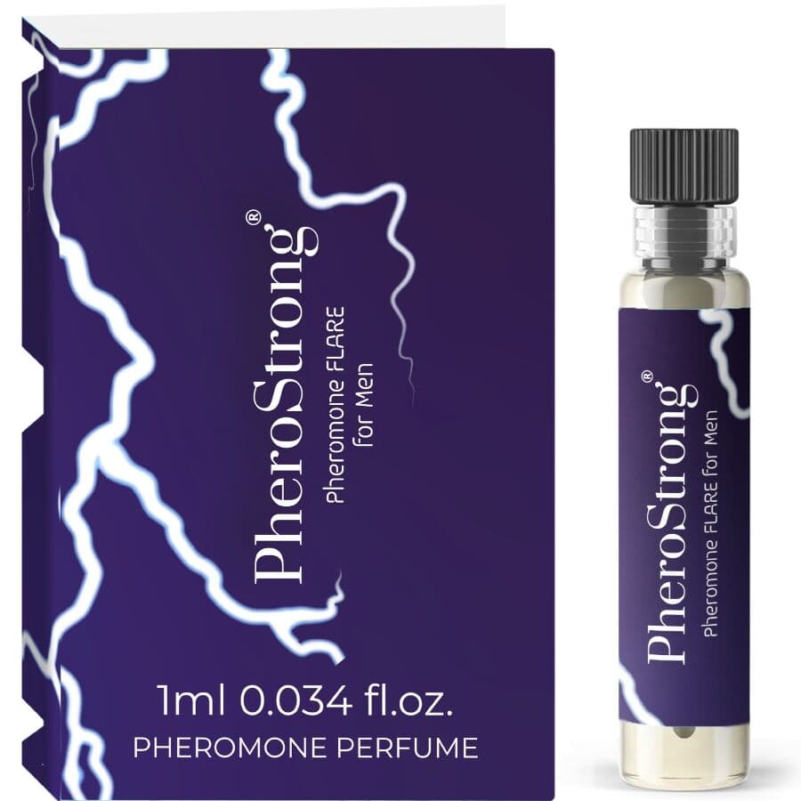 PheroStrong Flare for Men Parfum in der 1-ml-Probiergröße im Größenvergleich