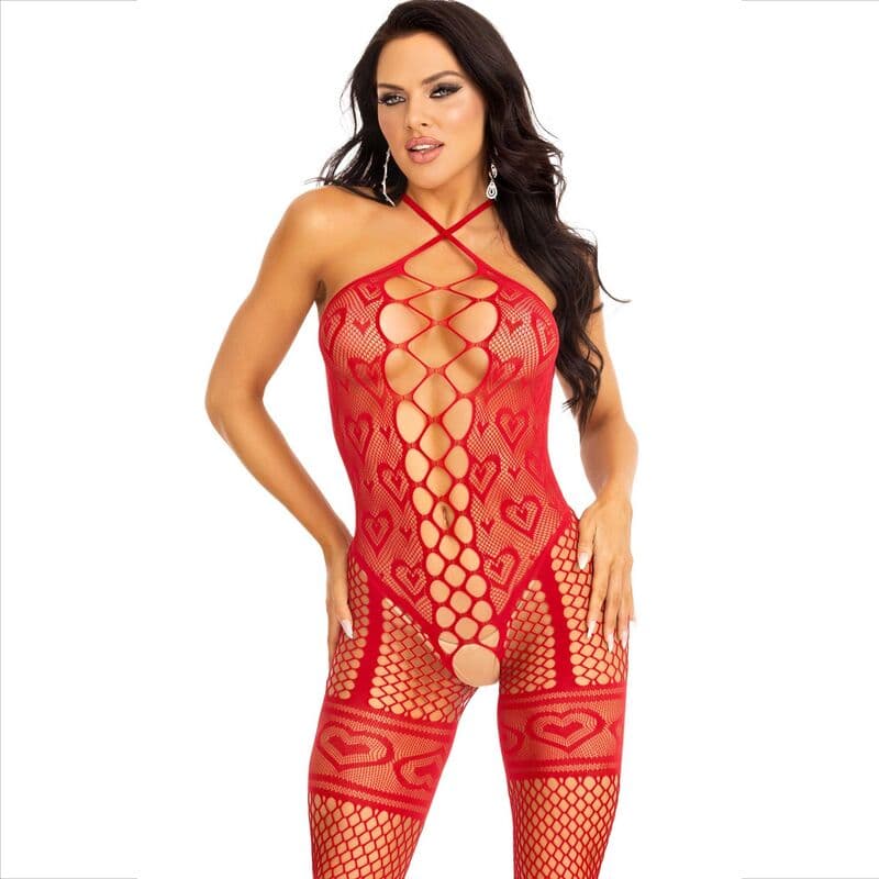 Leg Avenue Bodystocking – Neckholder-Body mit Herzchen-Netz, rot