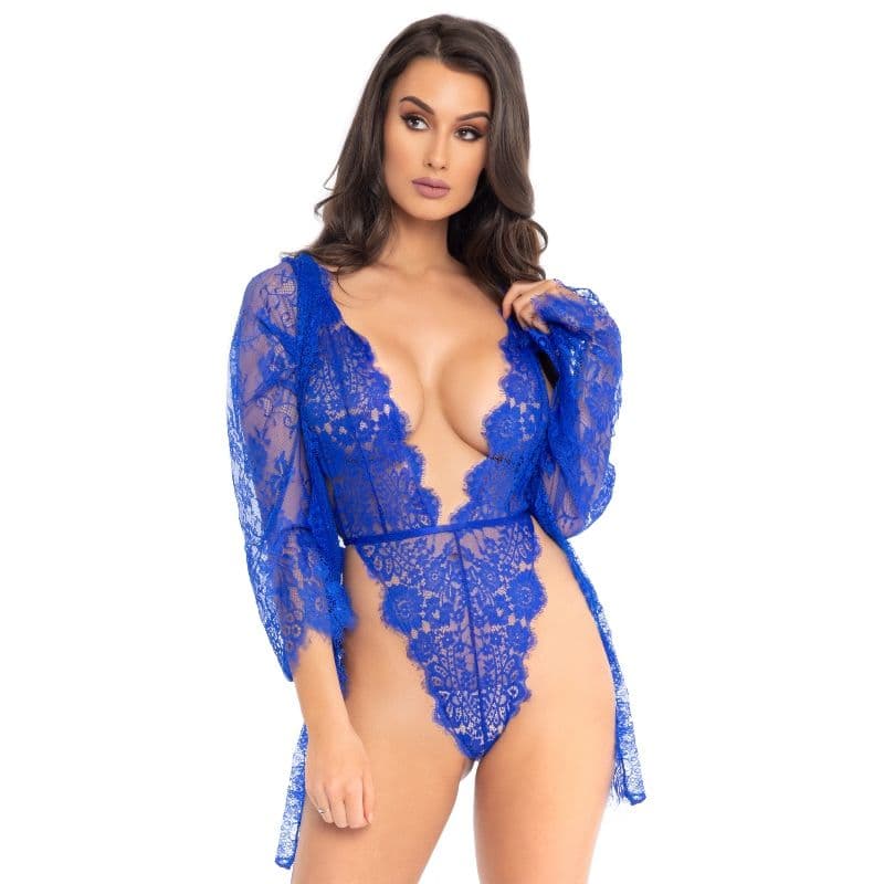Leg Avenue – dreiteiliges Teddy-Set in Blau mit Spitzenmantel