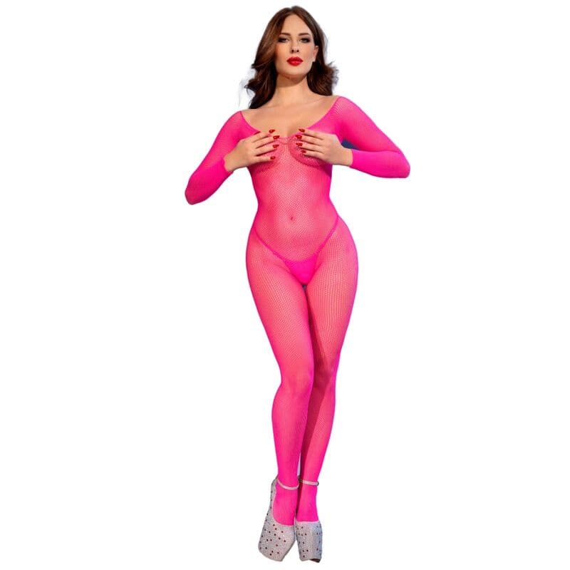 Chilirose – Netz-Body mit langen Ärmeln in Neonpink