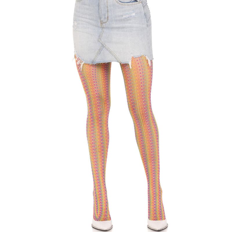 Leg Avenue – gehäkelte Netzstrümpfe im Regenbogen-Design