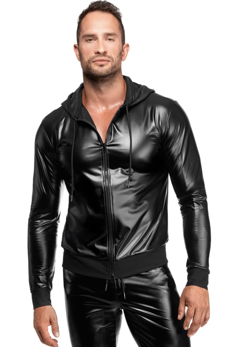 Noir Handmade Powerwetlook – Kapuzenjacke mit Frontreißverschluss