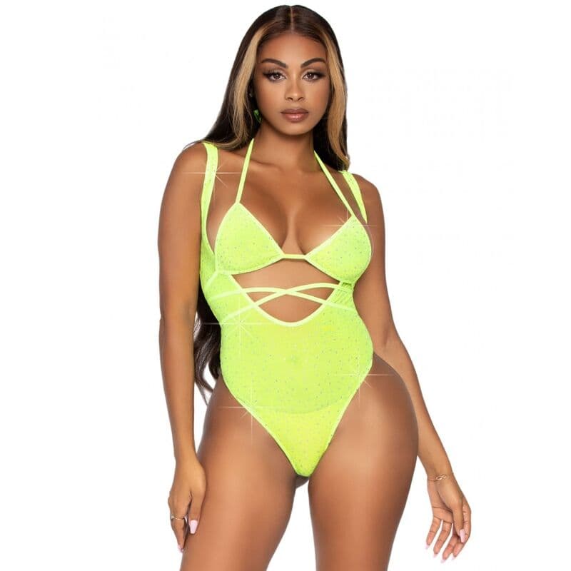 Leg Avenue Wickel-Bikinitop und Straps-Body – Set aus Strass-Mesh