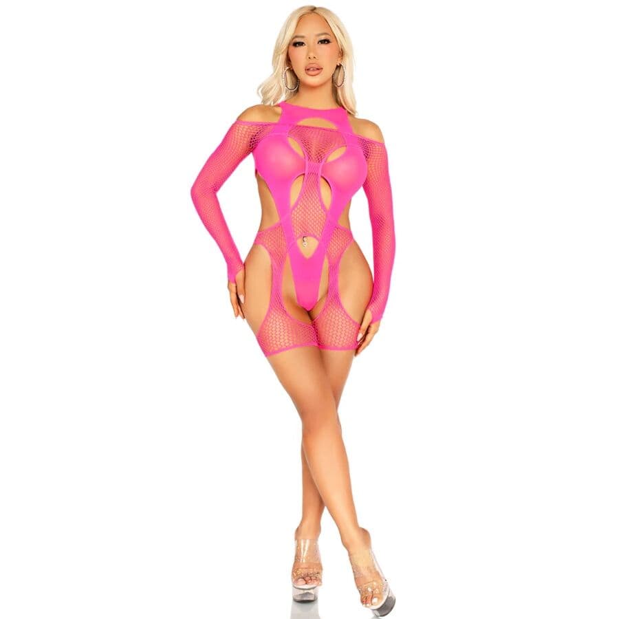 Leg Avenue Netz-Teddy in Neonpink mit Harness und Strumpfgürtel