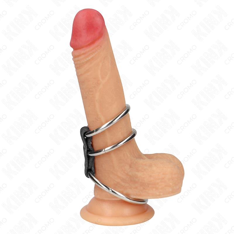 Kink Dreifach-Penisring aus Metall – mit schwarzem Leder verbunden