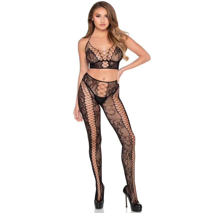 Leg Avenue Netz-Spitzen-Set Schwarz – Crop-Top mit Leggings
