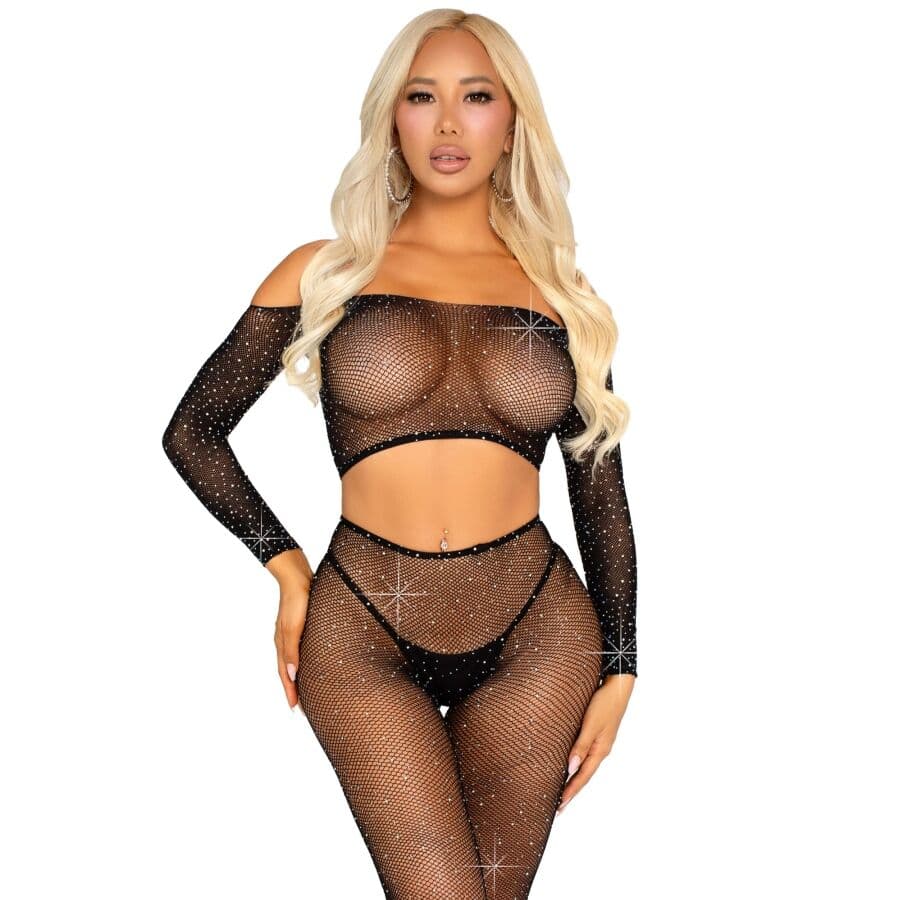Leg Avenue Strass-Set Schwarz – Netz-Crop-Top mit Leggings