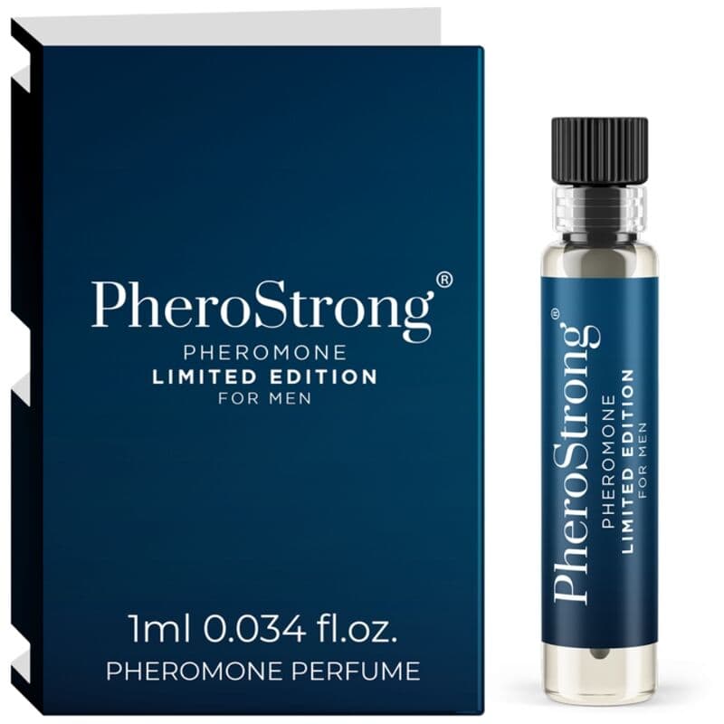 PheroStrong Limited Edition Pheromon-Parfum für Männer, 1-ml-Probe neben dem großen Flakon