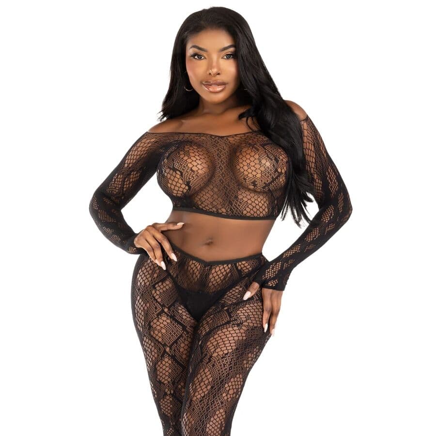 Leg Avenue Python-Set Schwarz – Crop-Top mit fußloser Leggings