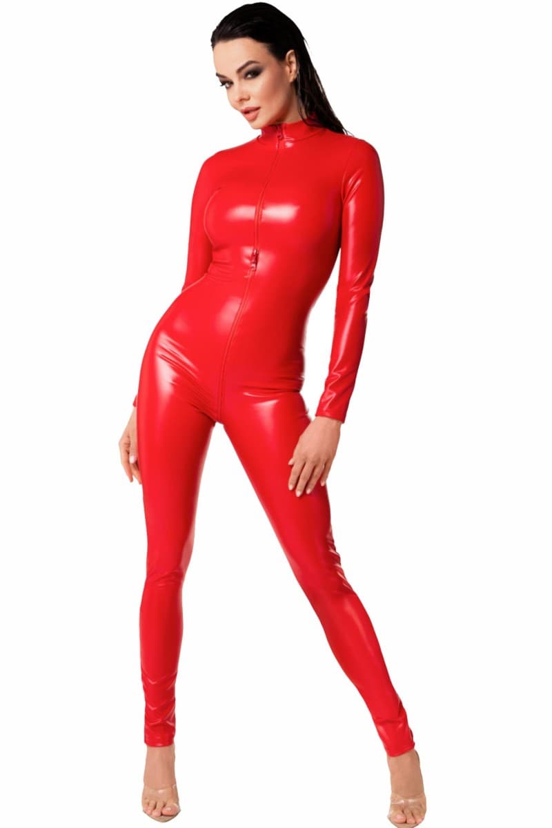 Noir Handmade – Wetlook-Overall mit hohem Kragen, Rot