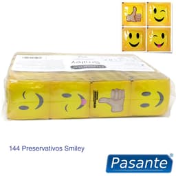Verpackung der Pasante Smiley Kondome mit Angaben zu Länge und Nennbreite