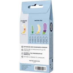 Mister Size Testset, die drei Kondome in 53, 57 und 60 mm Nennbreite nebeneinander