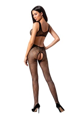Passion BS085 Ouvert-Bodystocking in Schwarz/Rot/Weiß, Rückenansicht mit Netzstruktur im Detail