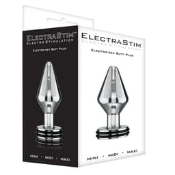 ElectraStim Midi Analplug aus Metall von der Seite, konische Form und Acryl-Isolator im Detail