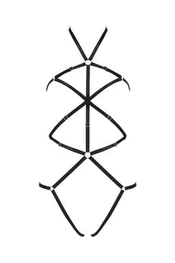 Passion Ivena Teddy-Harness aus schwarzen elastischen Bändern, Gesamtansicht am Modell getragen