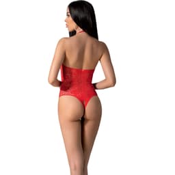 Passion BS094 Ouvert-Bodystocking aus Netz und Spitze in Rot von hinten, Rückenpartie im Detail