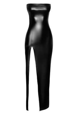Noir Handmade Wetlook-Maxikleid in Schwarz, Detailaufnahme des verdeckten Reißverschlusses am Rücken