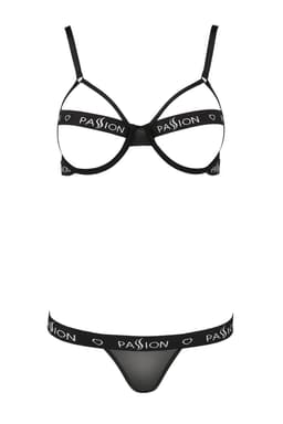 Passion Kyouka Dessous-Set mit offenem BH und Tanga in Schwarz, Gesamtansicht