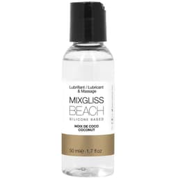 Mixgliss Beach Kokosnuss-Gleitgel, Seitenansicht mit Etikett und Verschluss