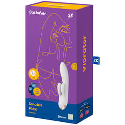 Satisfyer Double Flex aufrecht stehend auf glatter Fläche in scharfer Nahaufnahme